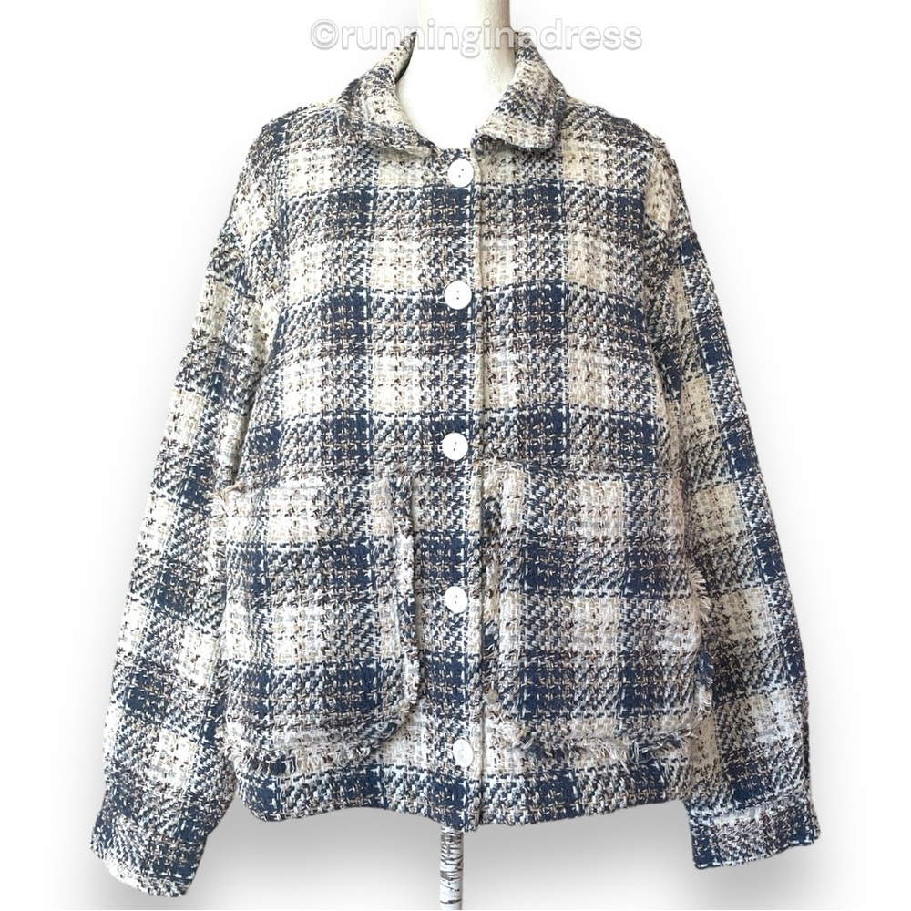 NWT BlankNYC Cropped Tweed Jacket In Blue Cream Plaid Size Large - Picture 5 of 16